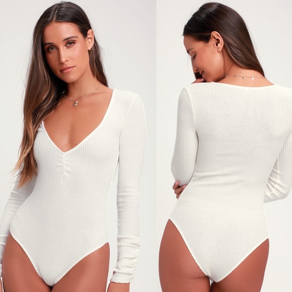 Free People Tops - Intimately Free People Cozy Up With Me Ivory Ribbed Ruched Long Sleeve Bodysuit